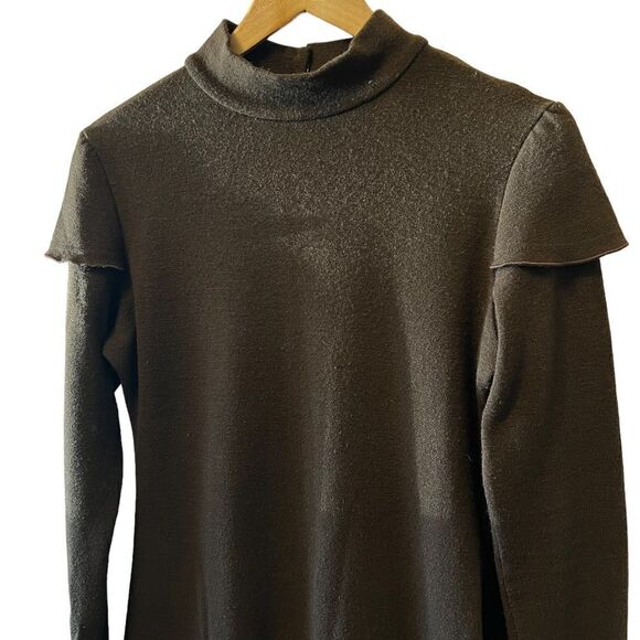 VINTAGE Wool Blend Brown Knit Drop Waist Plaid Skirt Long Sleeve Dress 48 - Picture 2 of 10